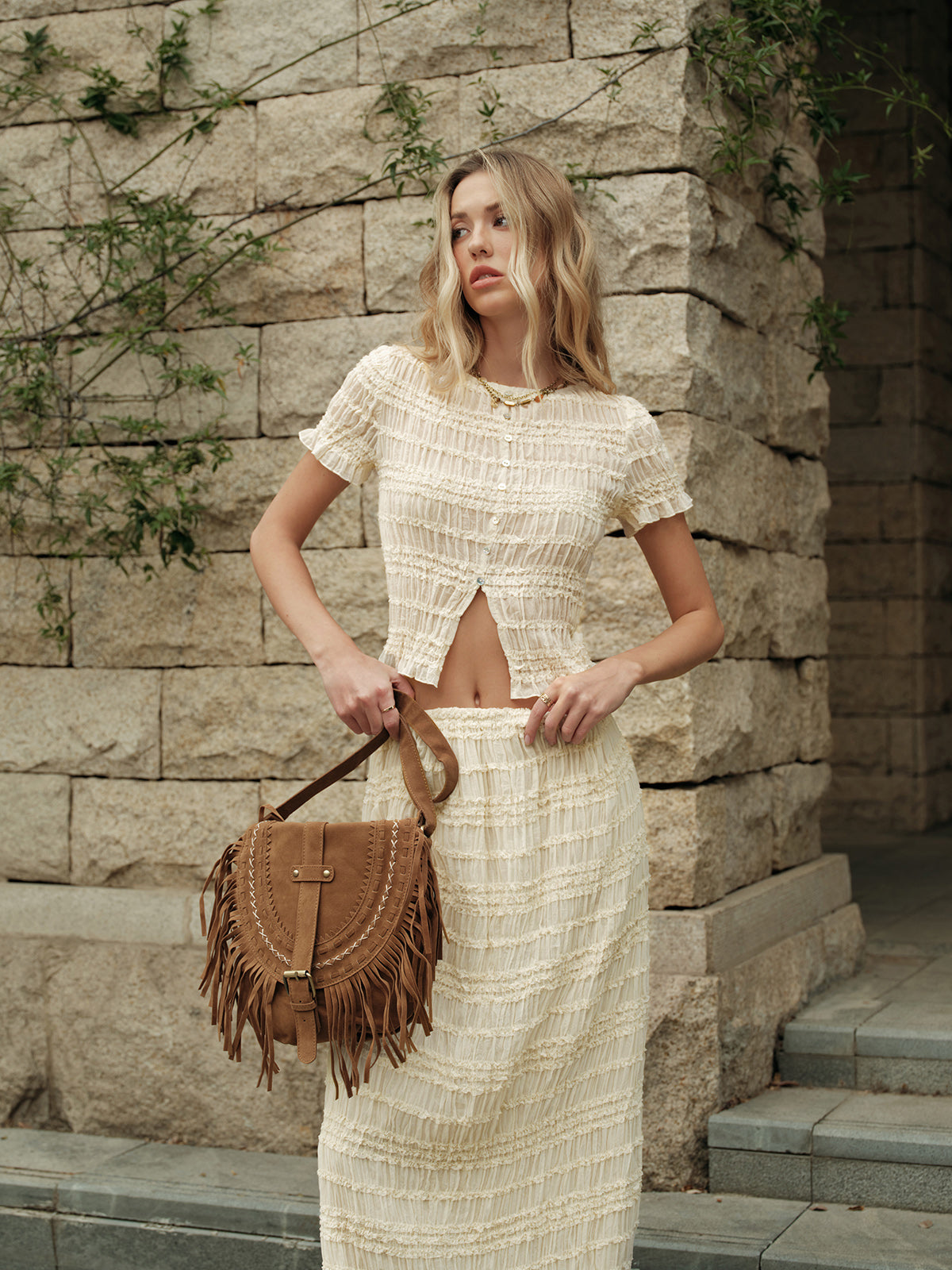 Semi-Sheer Ruffled Crop Top Skirt Set