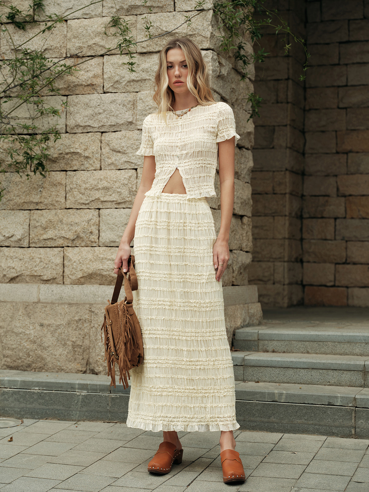 Semi-Sheer Ruffled Crop Top Skirt Set