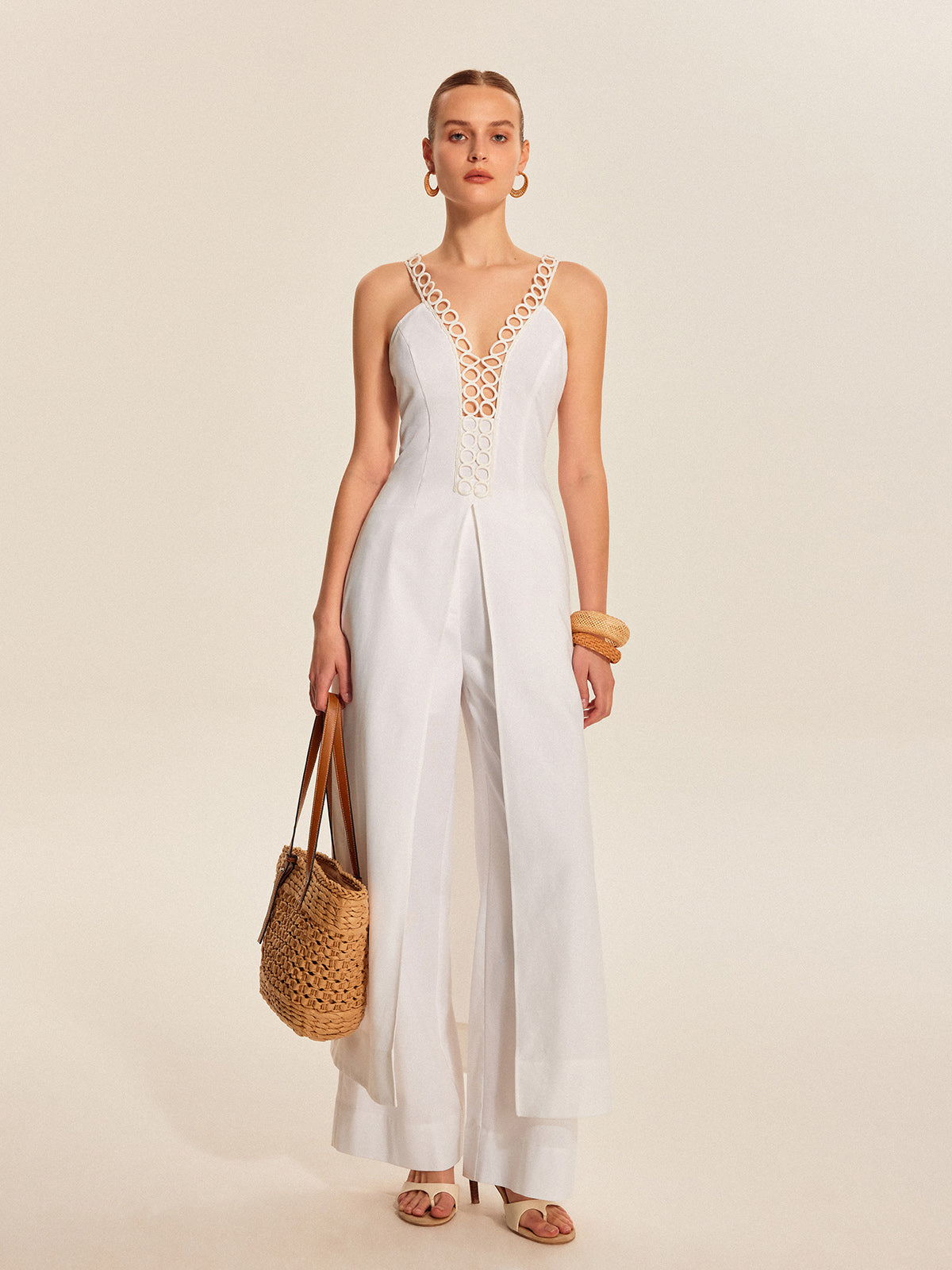 Hollow-Out Lace-Up V-Neck Top