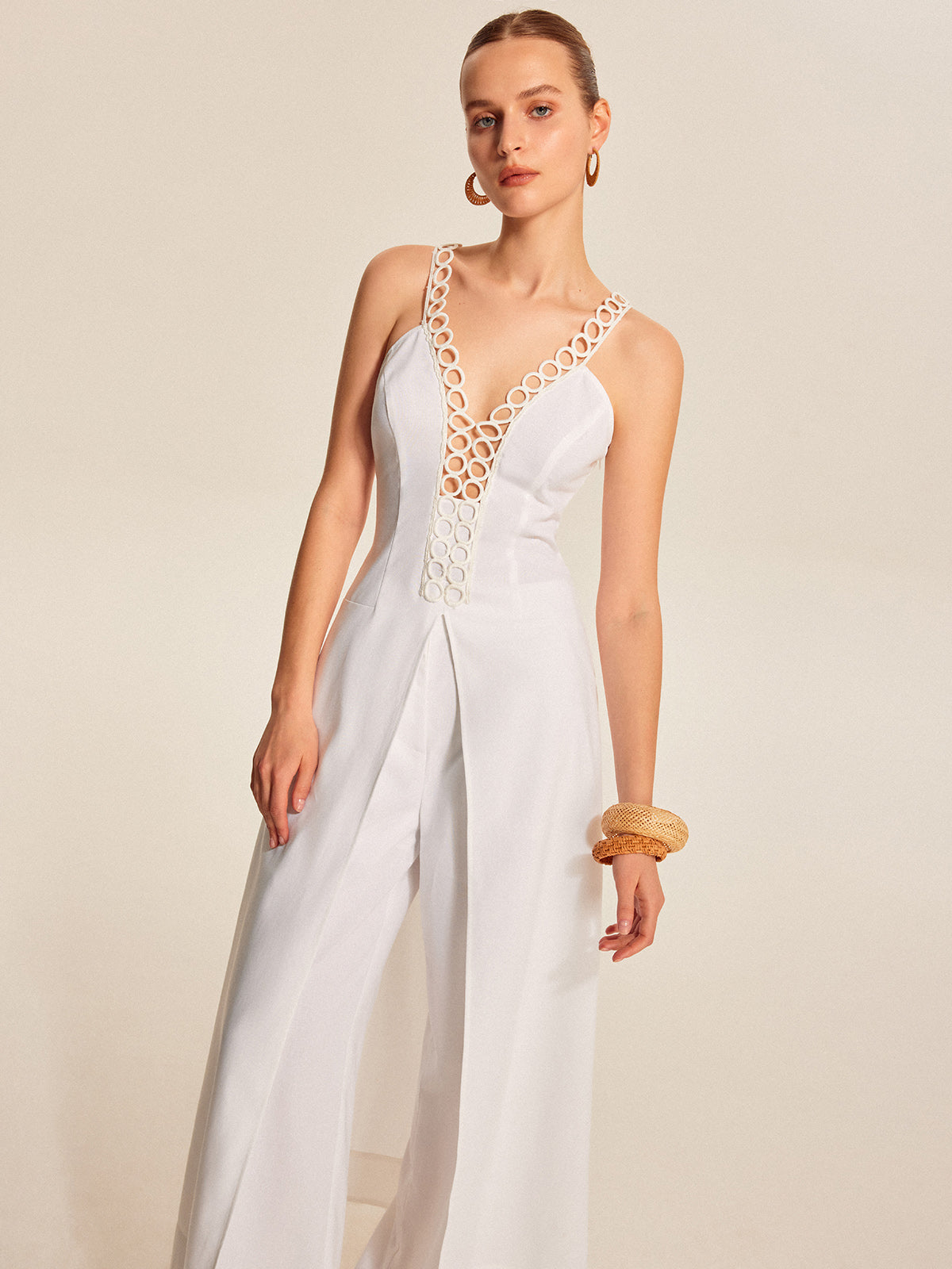 Hollow-Out Lace-Up V-Neck Top