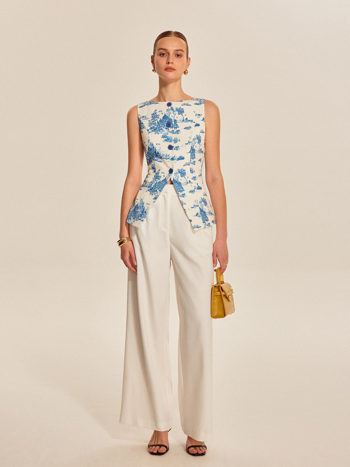 Bedrucktes ärmelloses Top mit geschlitztem Saum