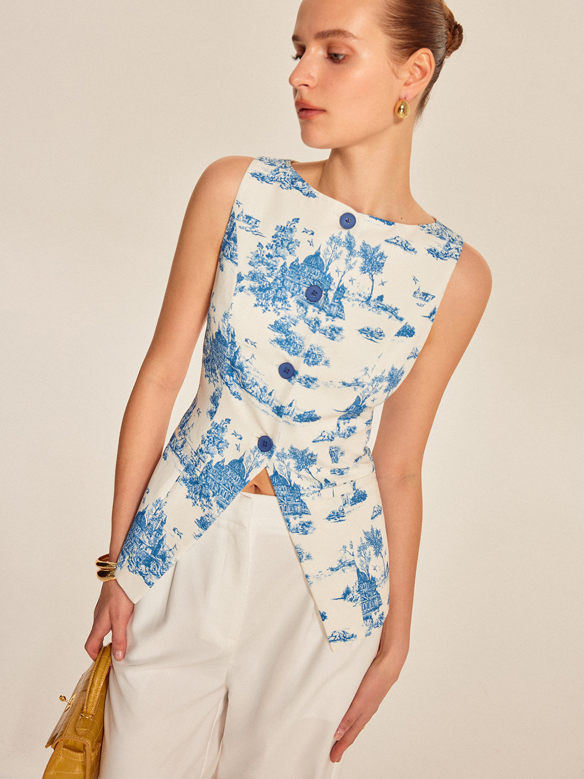 Bedrucktes ärmelloses Top mit geschlitztem Saum