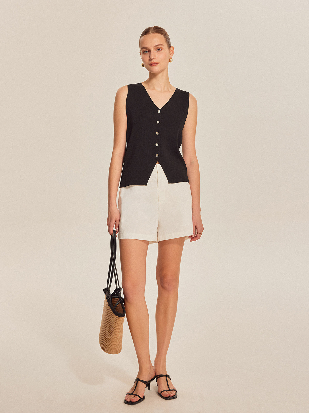 Sleeveless Ribbed Knit Button-Up Top