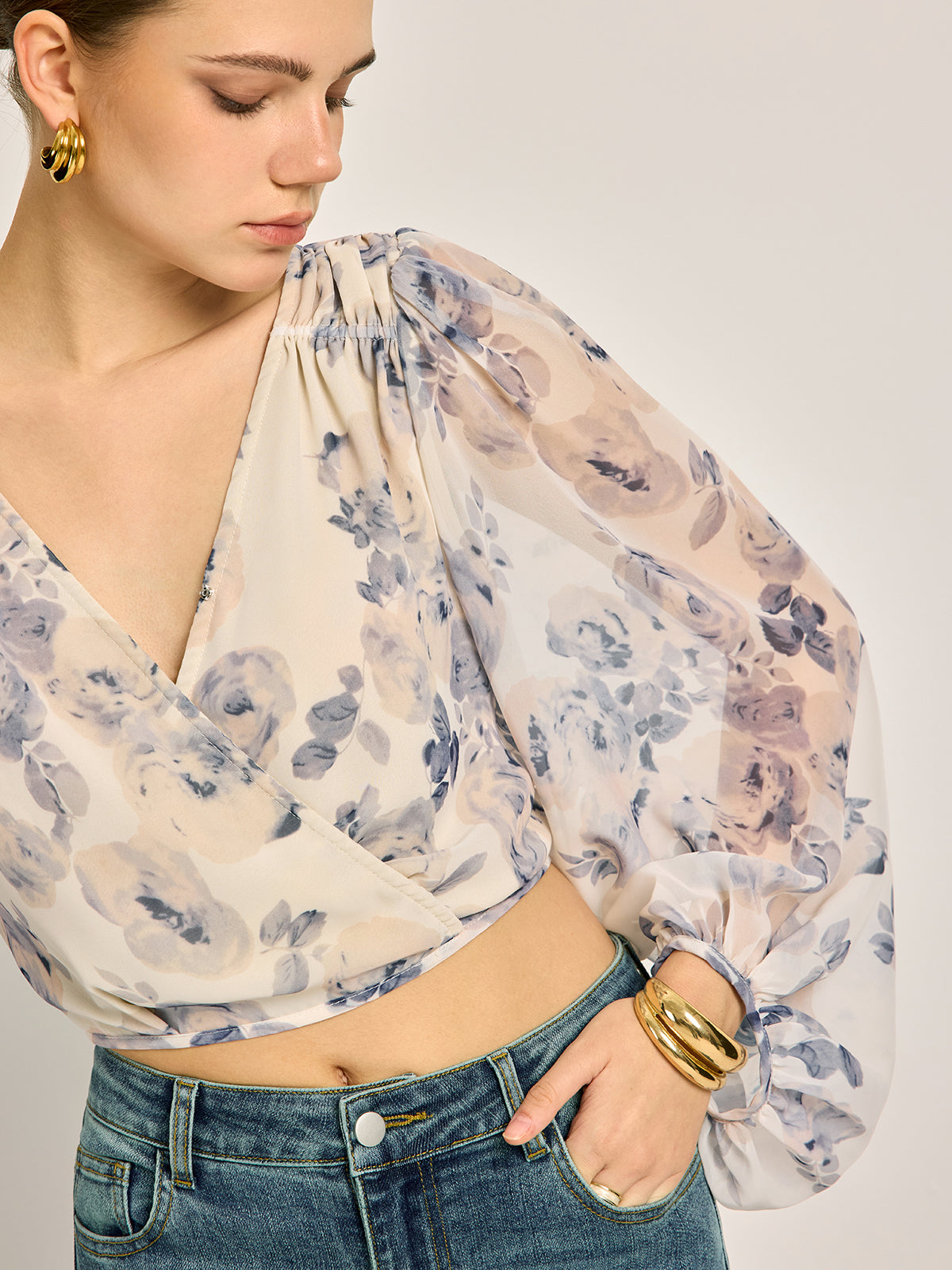 Semi-Sheer Chiffon Floral V-Neck Balloon Sleeve Blouse