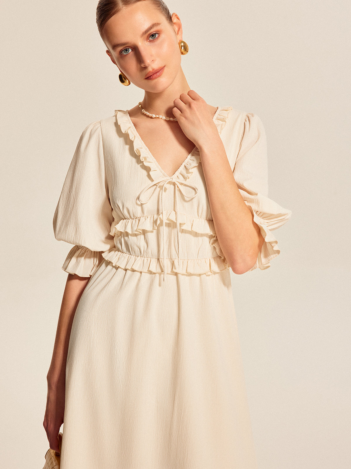 Ruffle Trim Drawstring Dress