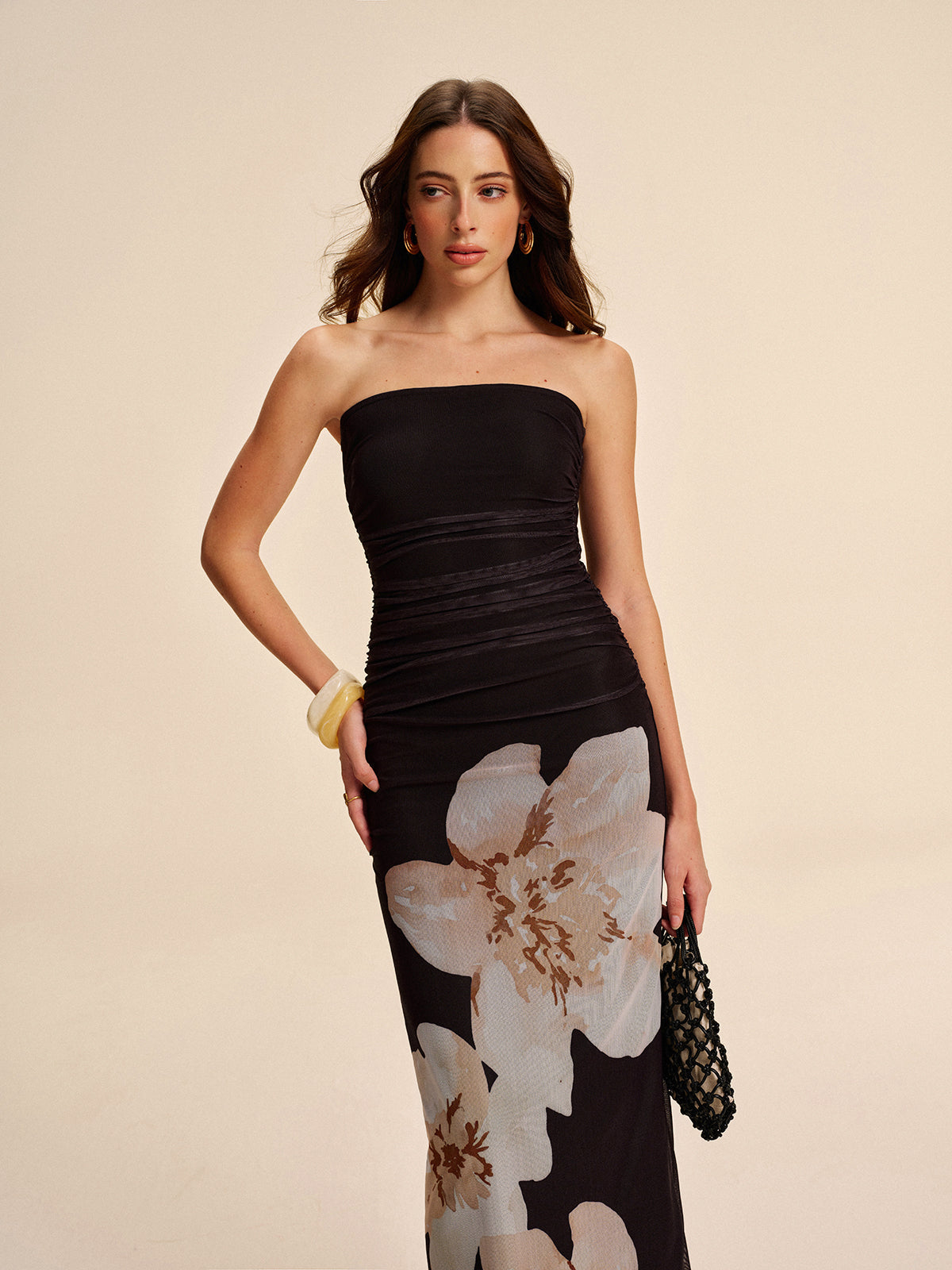 Semi-Sheer Strapless Ruched Floral Mesh Dress