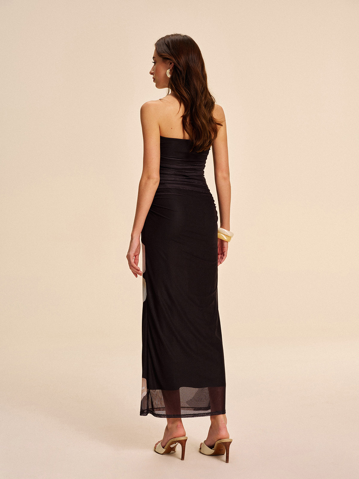 Semi-Sheer Strapless Ruched Floral Mesh Dress