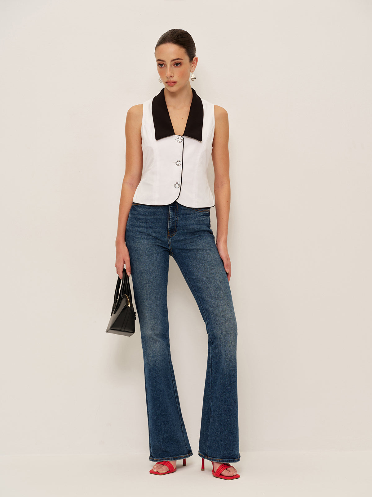 Contrast Collar Button-Up Vest With Back Bow