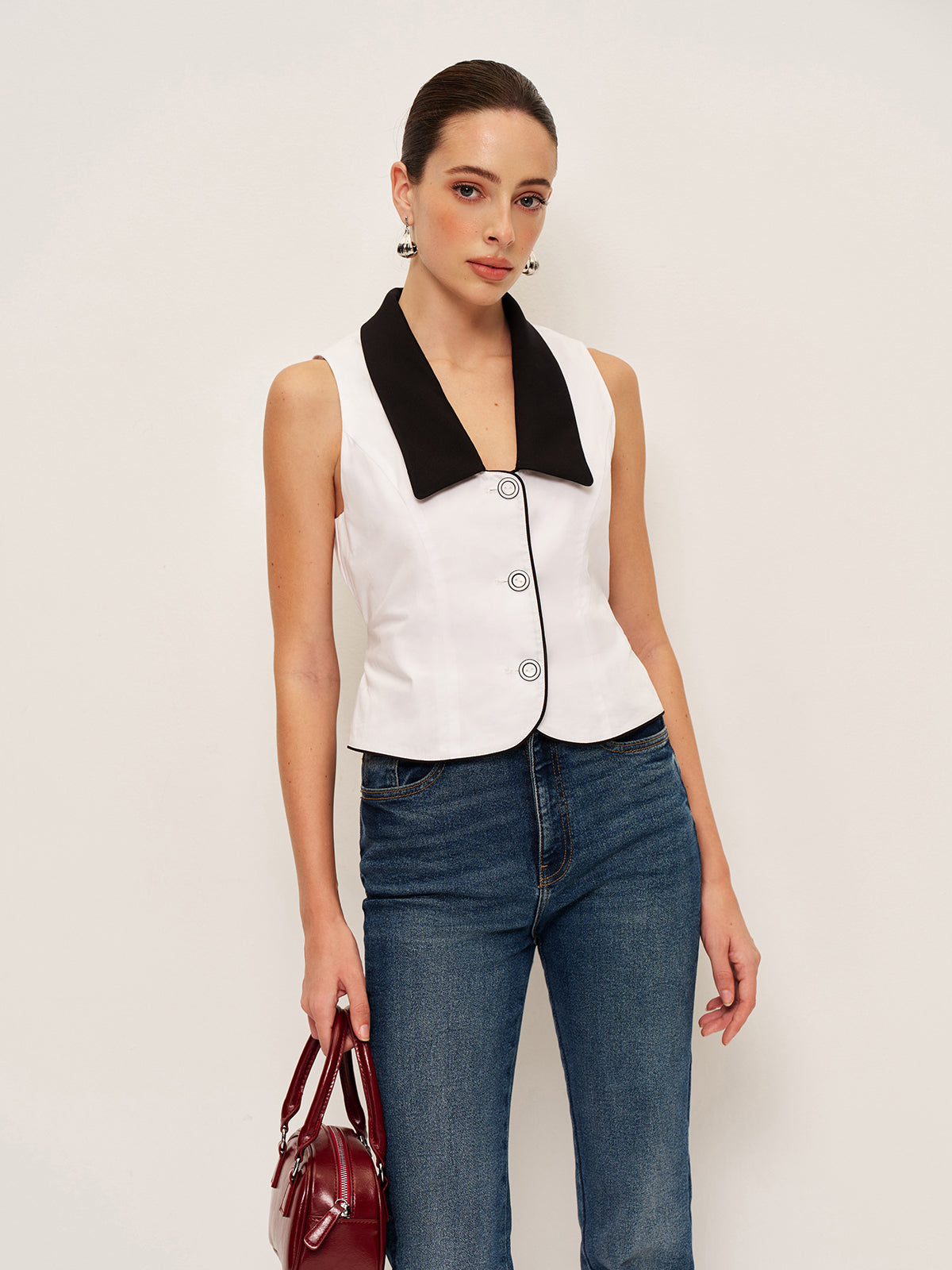 Contrast Collar Button-Up Vest With Back Bow