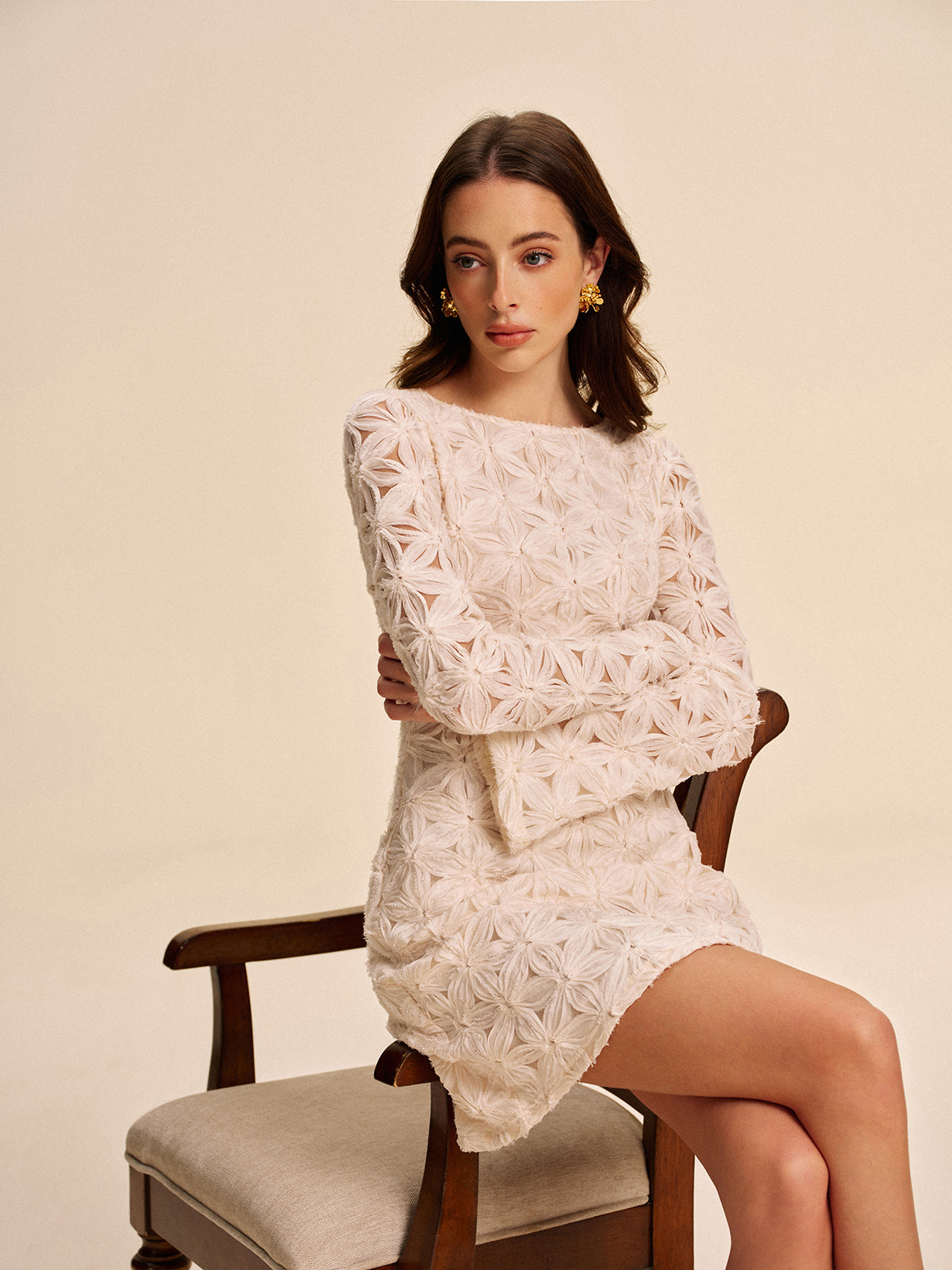 Semi-Sheer Floral Lace Long Sleeve Dress