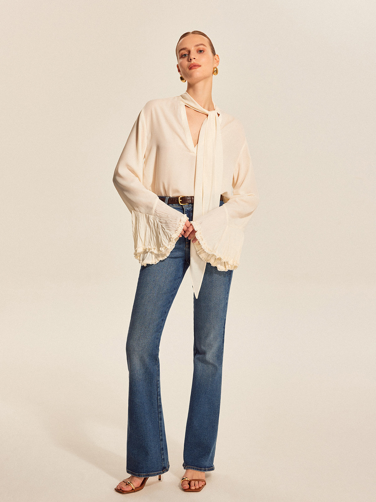 Semi-Sheer Bow Tie Pleated Cuff Chiffon Blouse