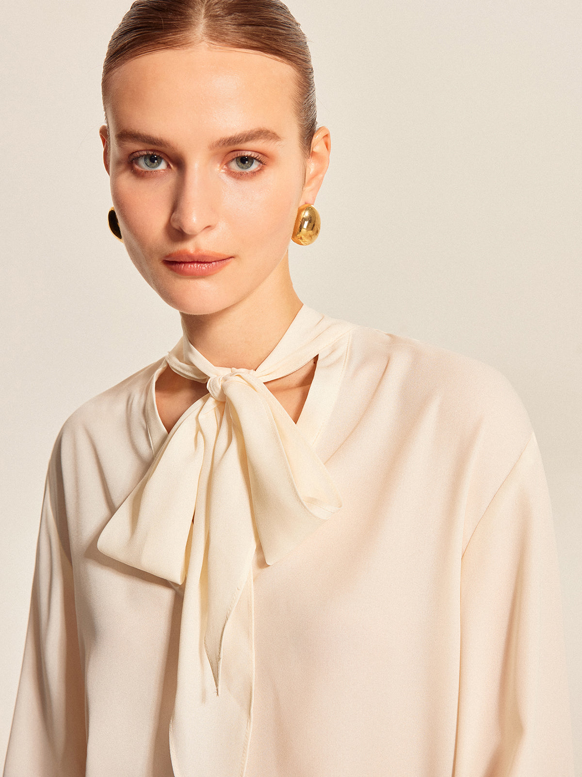 Semi-Sheer Bow Tie Pleated Cuff Chiffon Blouse