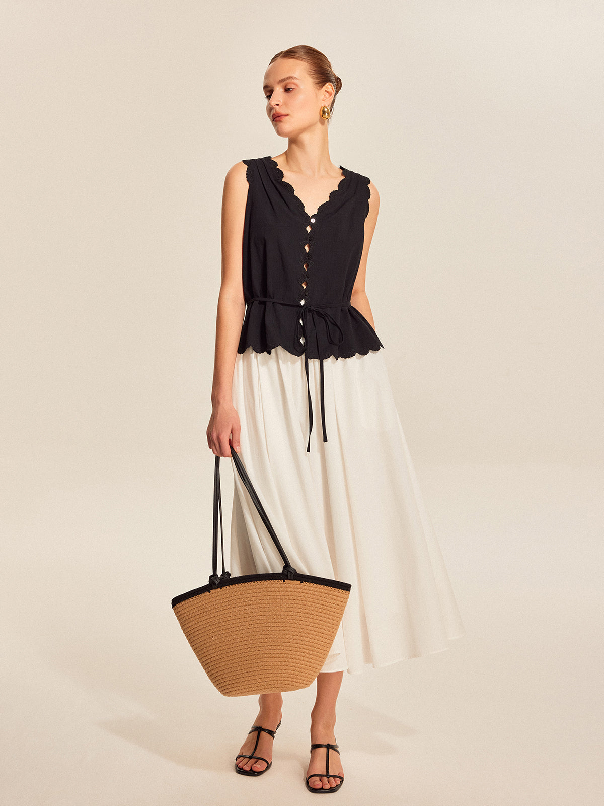 Lace-Trim Scalloped Button-Up Top