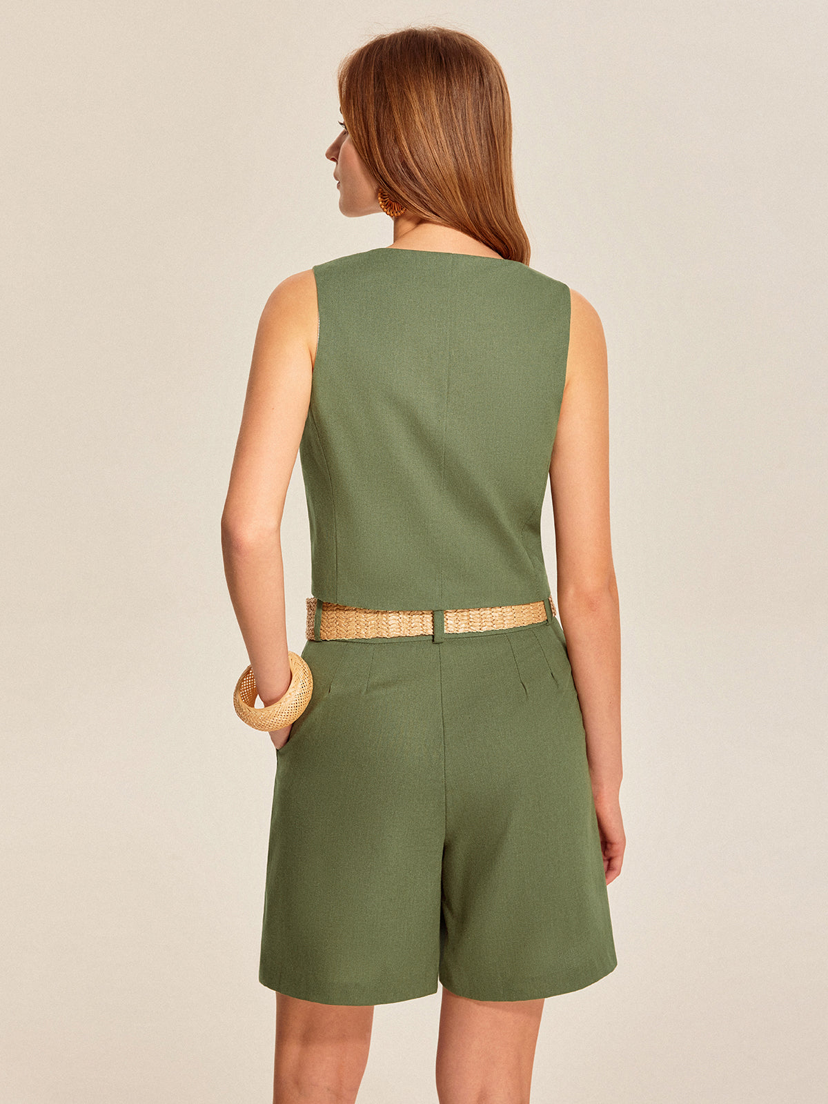 V-Neck Buttoned Shorts Set With Belt