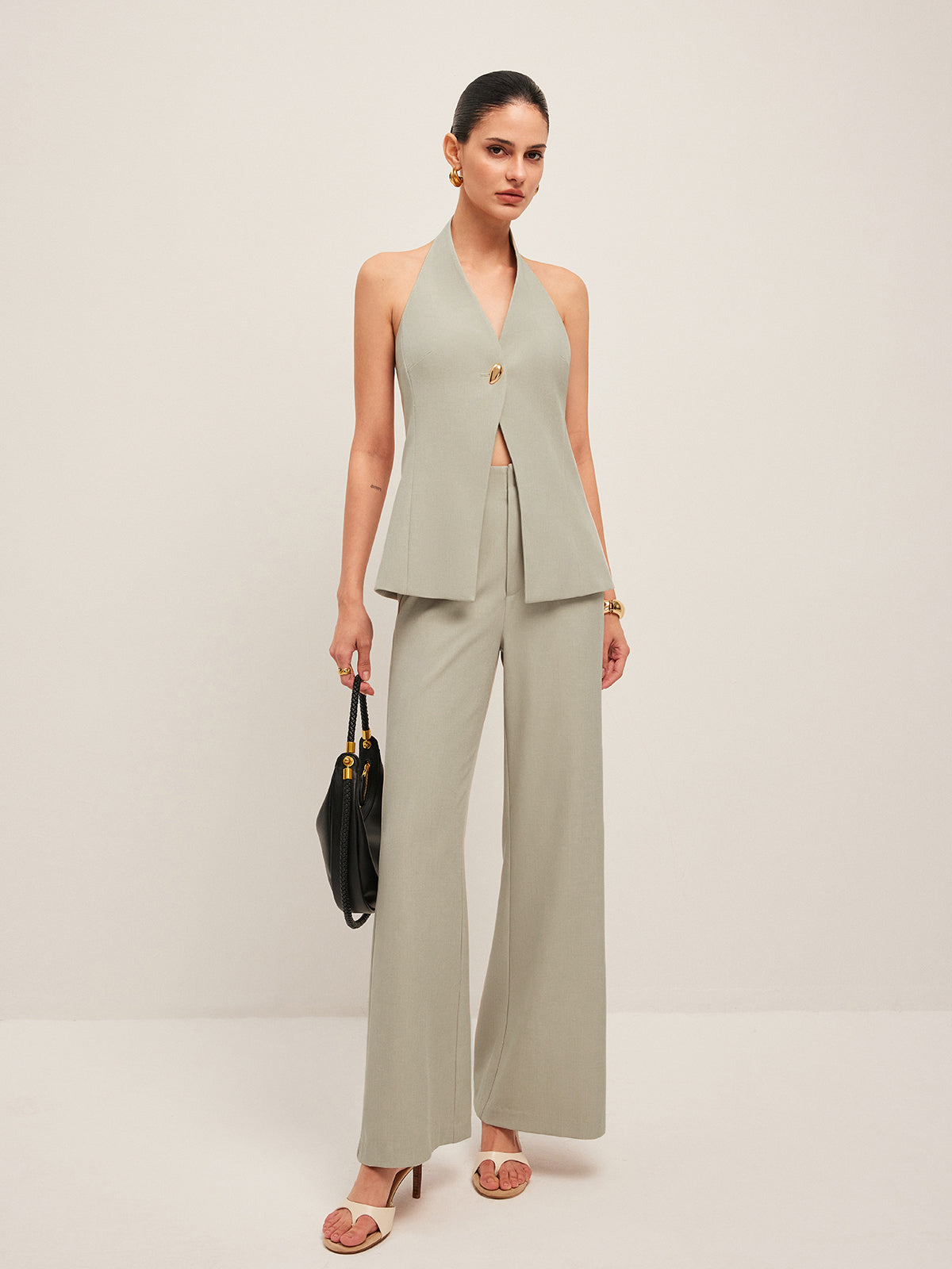 Halter Neck Metal Button Detail Backless Vest