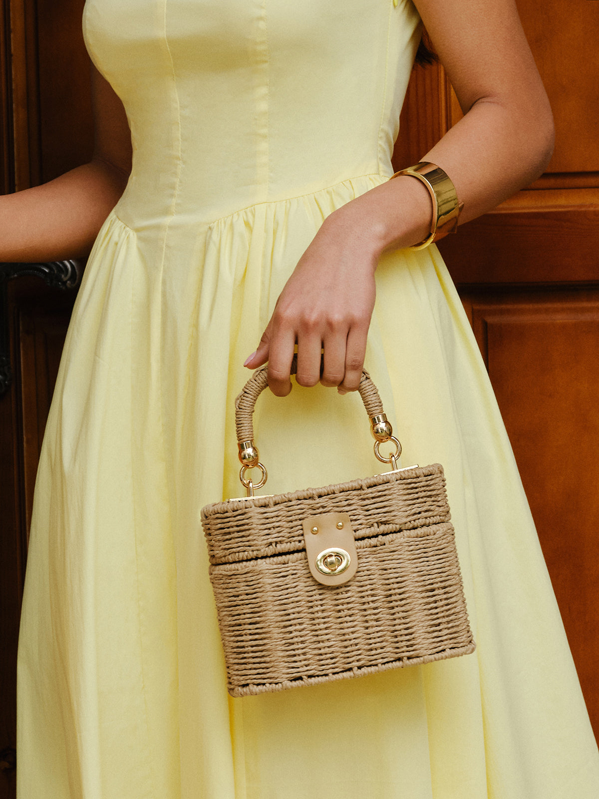 Gewebte Rattan-Box-Tasche mit Drehverschluss