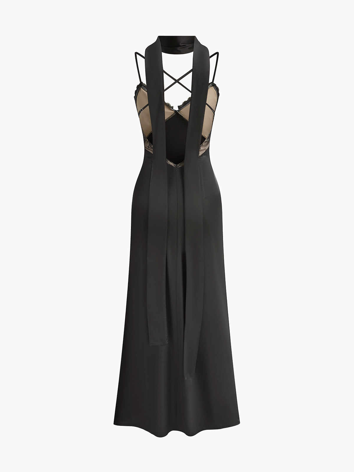 Backless Long-Ribbon Lace Panel Satin Cami Dress