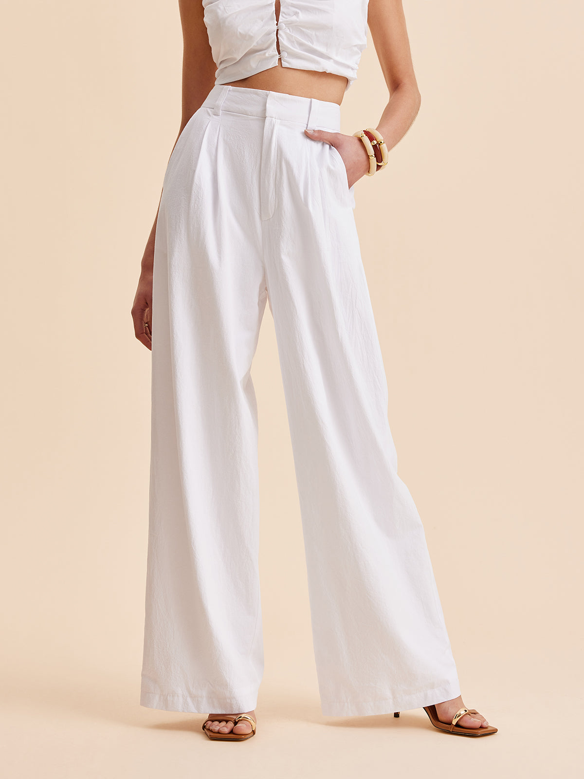 Baumwollhose mit weitem Bein, mittlerer Taille und Taschen