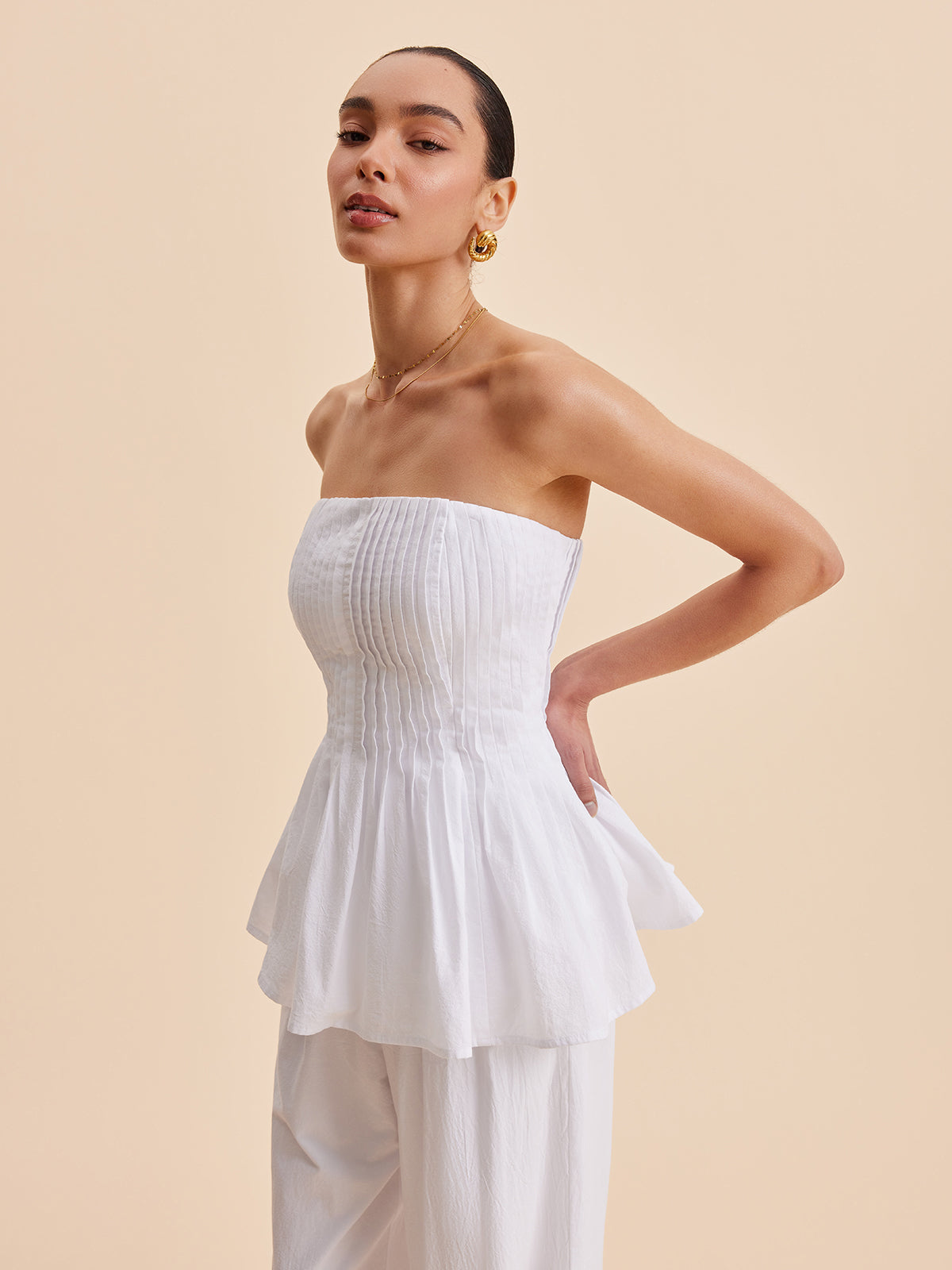 Cotton Pleated Strapless Peplum Top