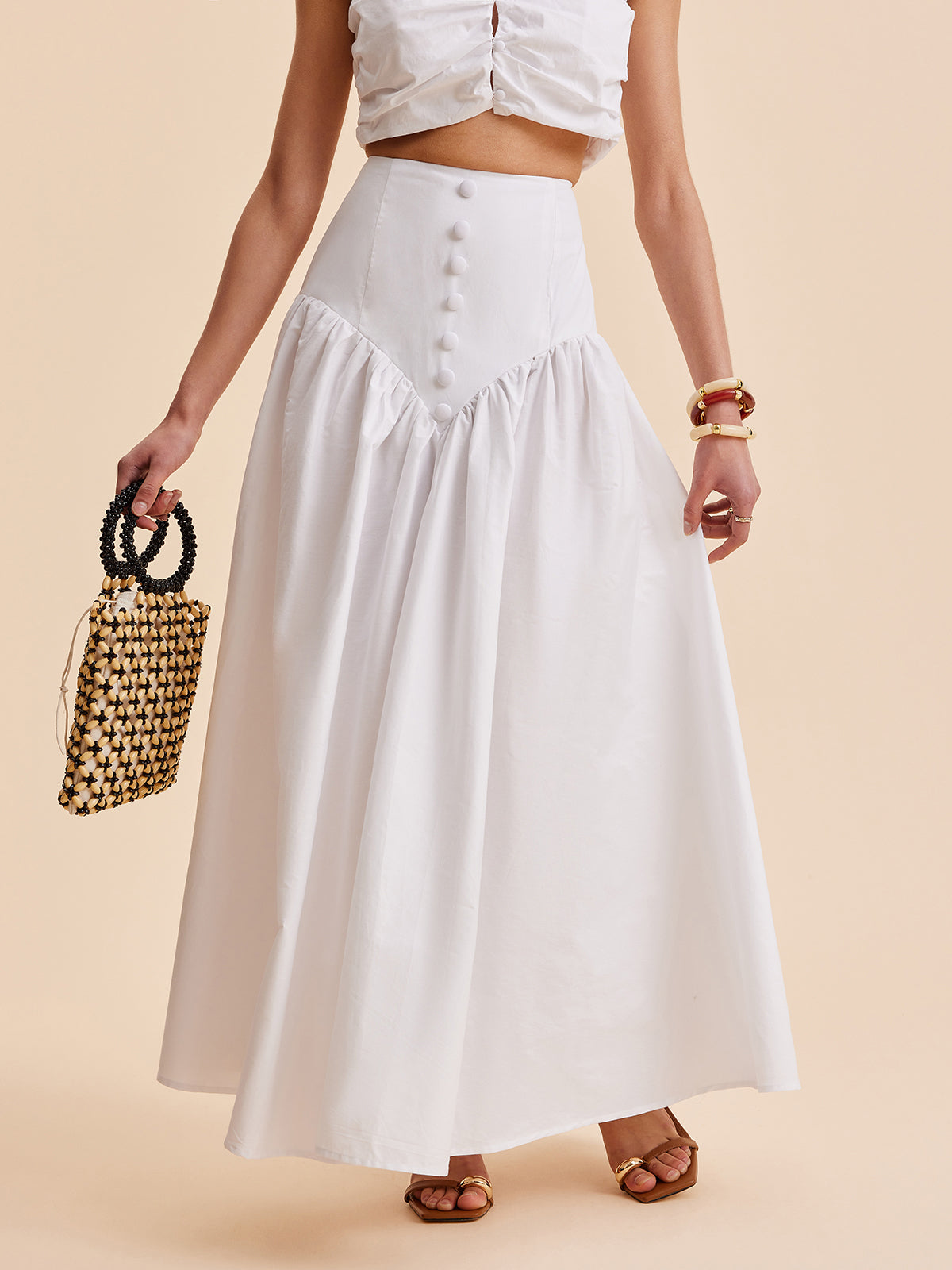 Ensemble crop top froncé et jupe boutonnée