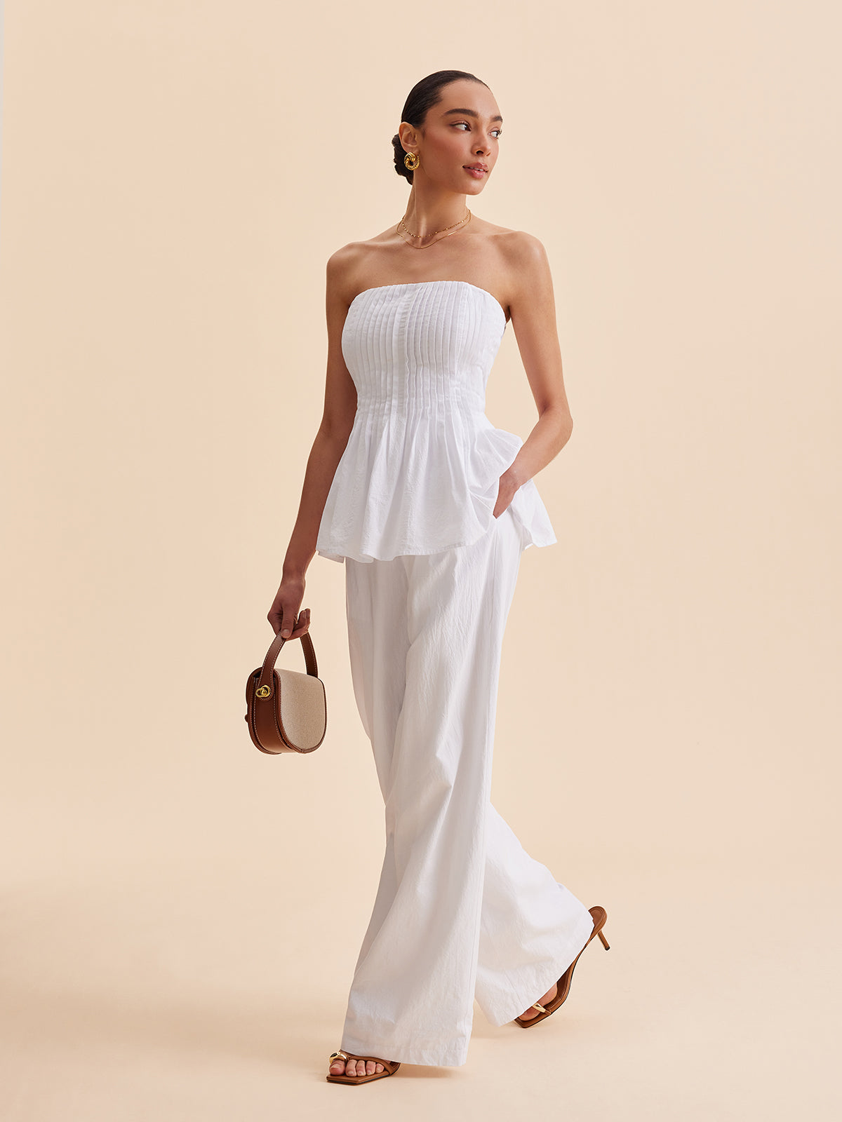 Cotton Mid-Waist Wide-Leg Pants With Pockets