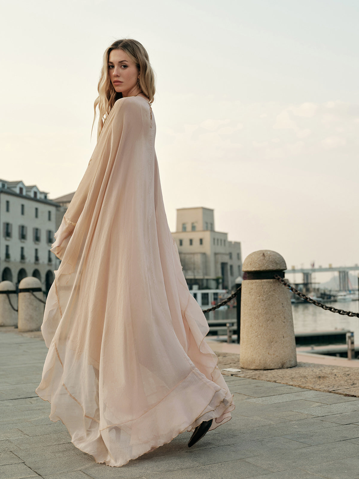 Semi-Sheer Chiffon Layered Dress With Cloak