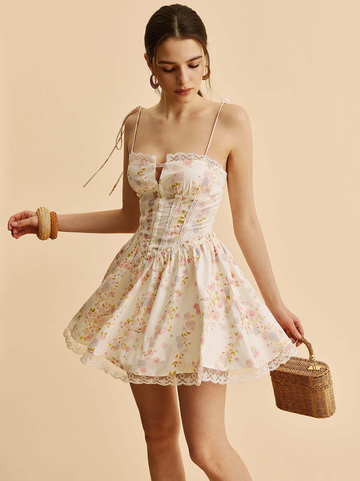 Robe Corset Fleurie à Bretelles Nouées