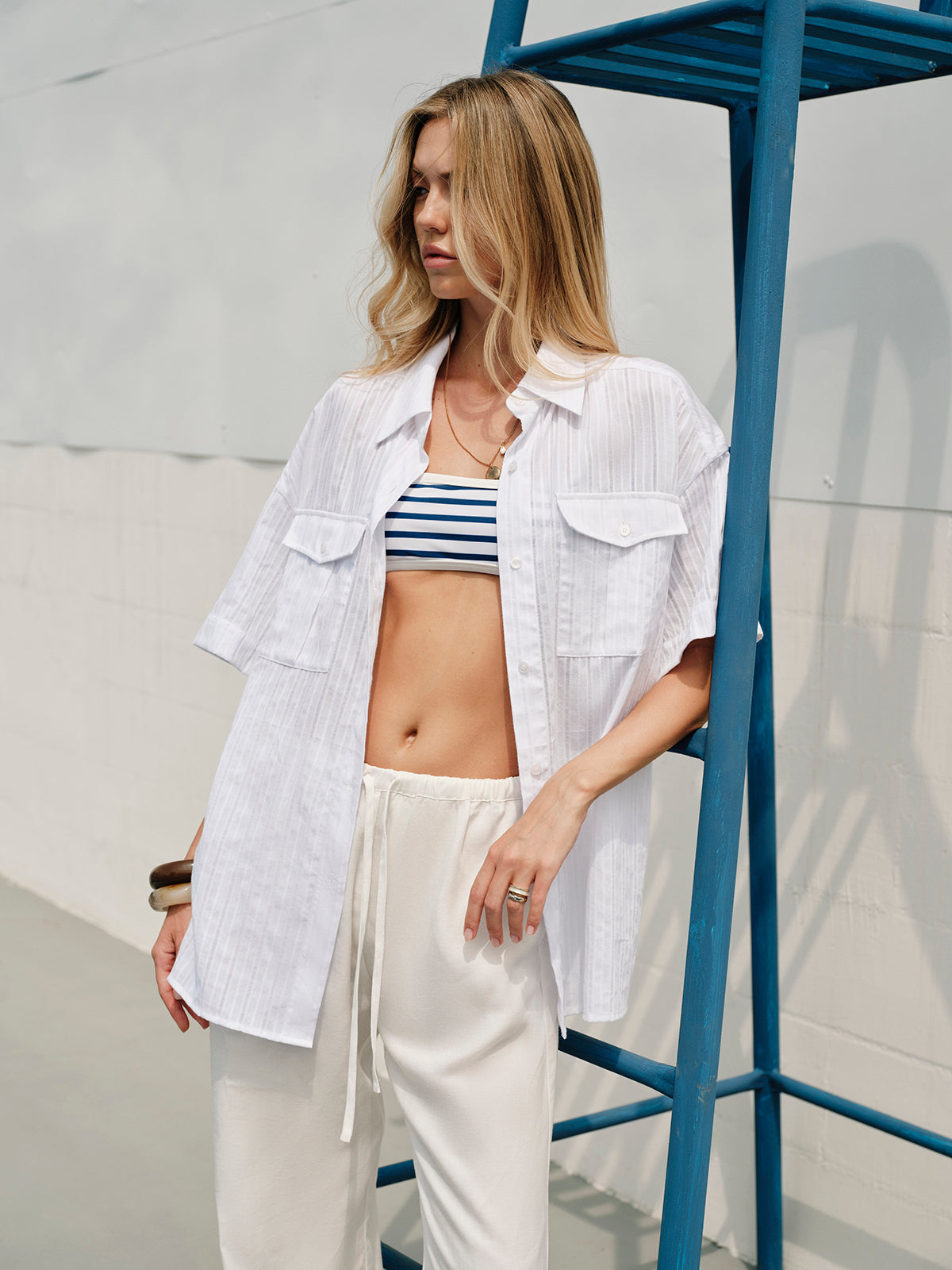 Semi-Sheer Cotton Button Collar Shirt With Belt