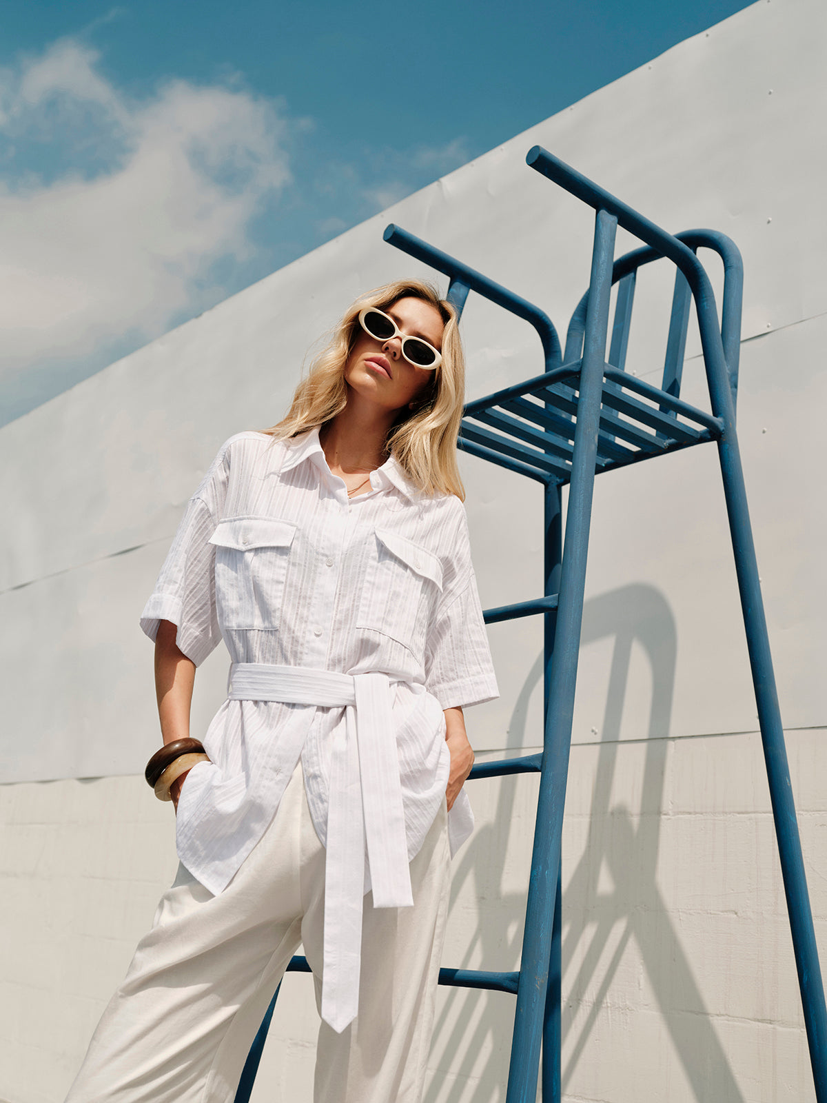 Semi-Sheer Cotton Button Collar Shirt With Belt