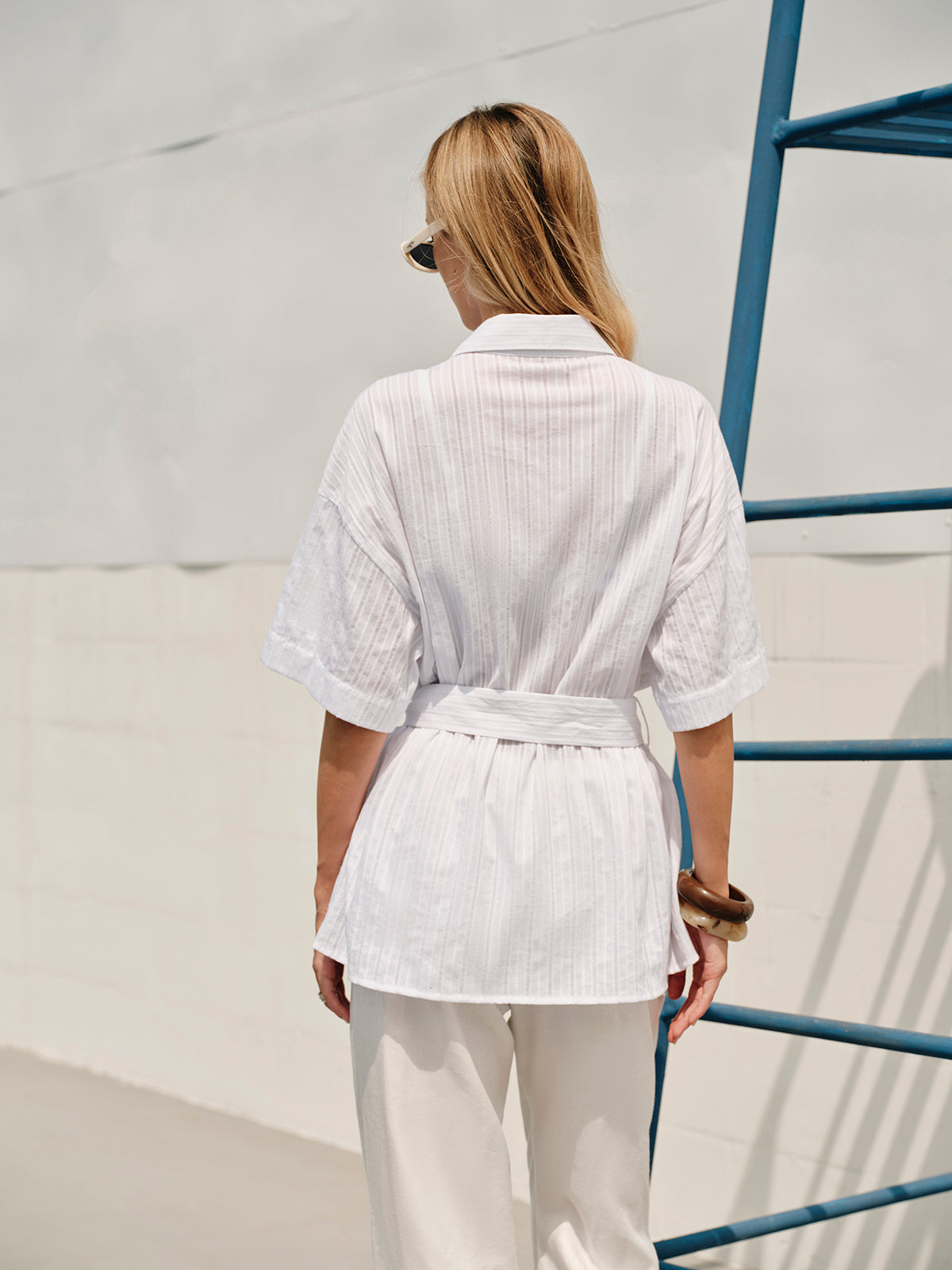 Semi-Sheer Cotton Button Collar Shirt With Belt