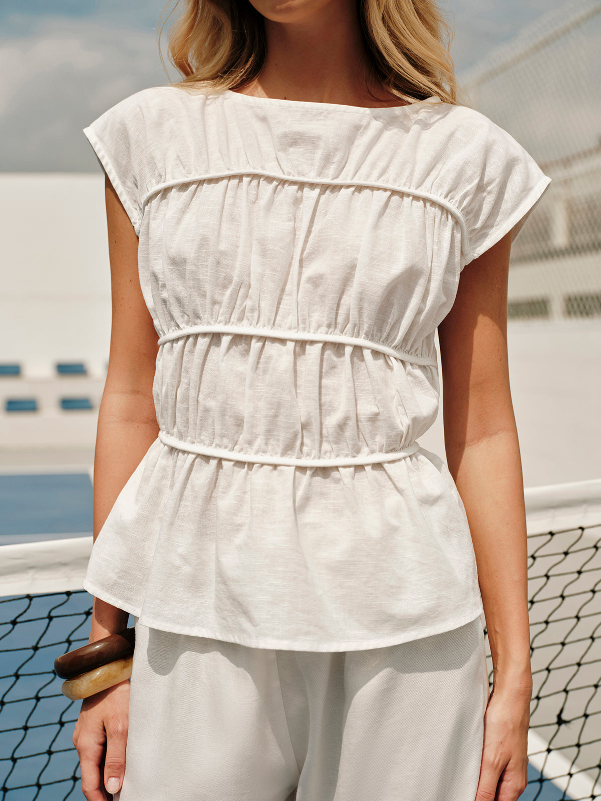 Semi-Sheer Crew-Neck Linen Blouse