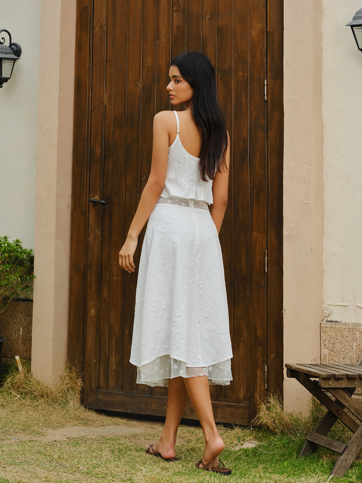 Embroidered Lace-Up Crop Top With Skirt Set