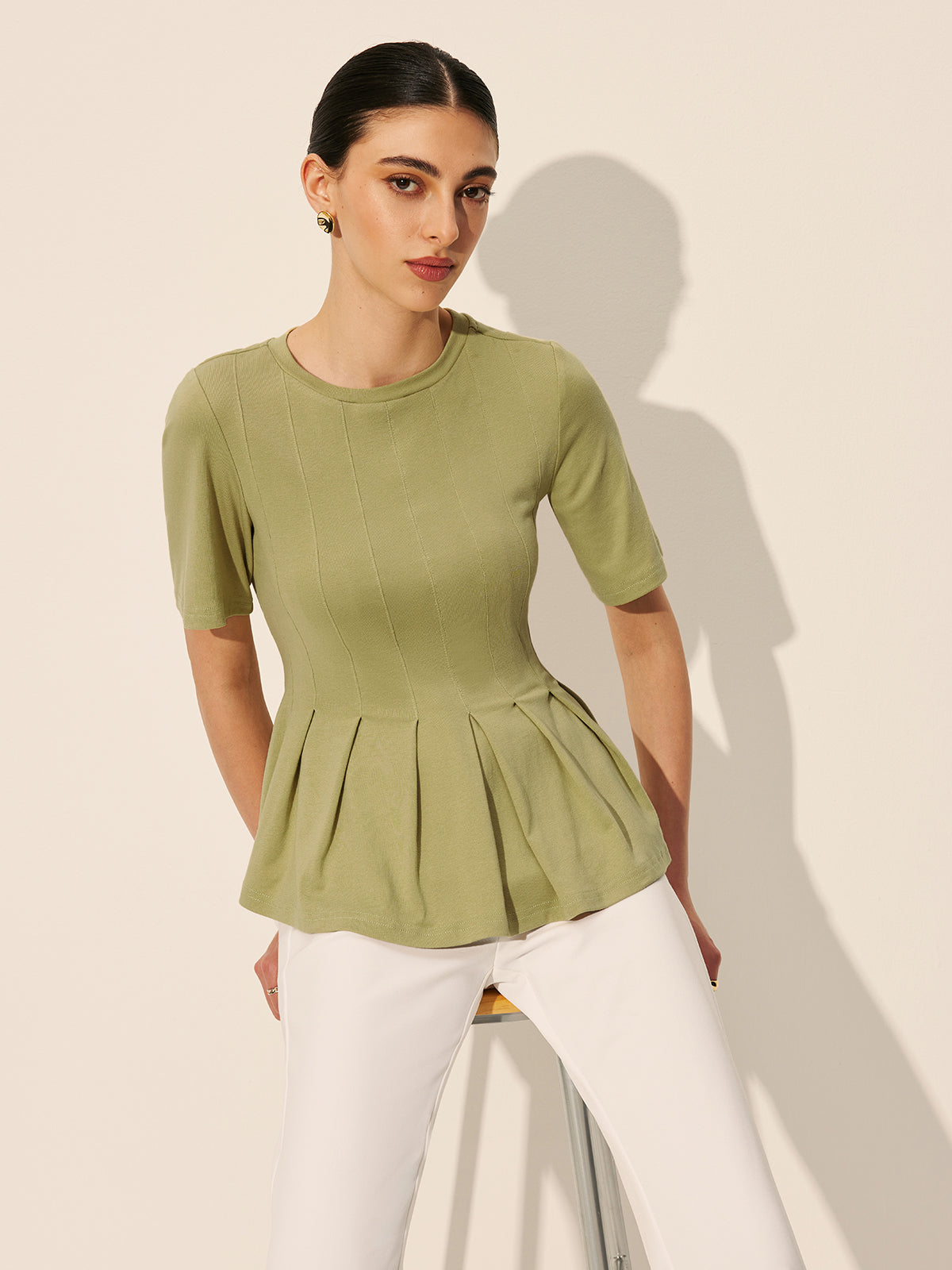 Pleated Peplum Ribbed Top