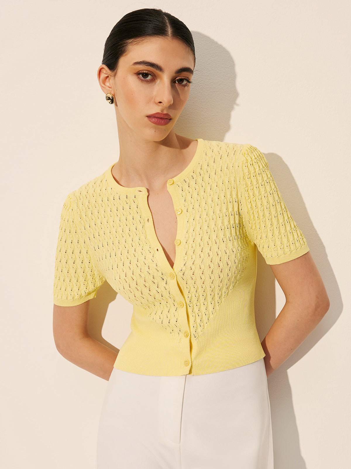 Hollow Knit Buttoned Top