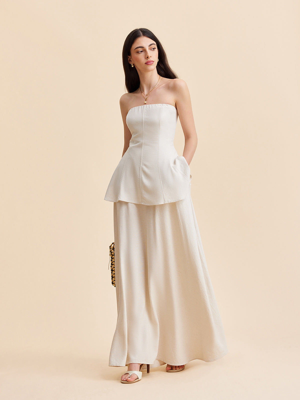 Strapless Peplum Top With Flowing Skirt Set