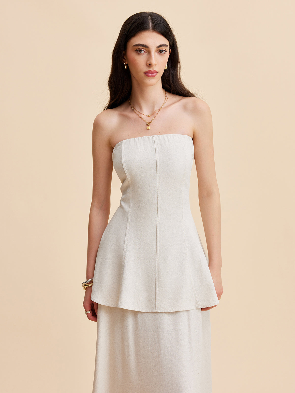 Trägerloses Peplum-Top mit fließendem Rock-Set