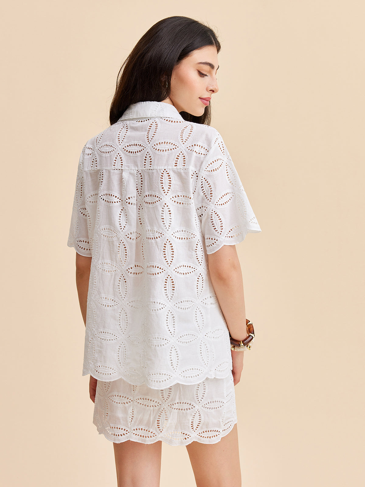 Ensemble jupe et jupe en coton semi-transparent brodé à œillets