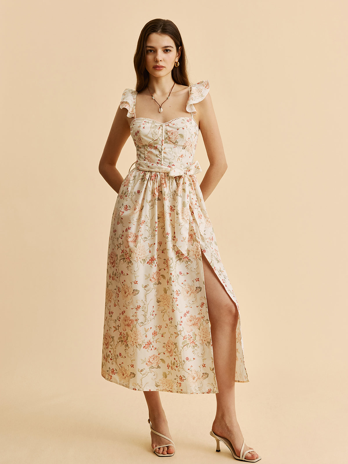 Ruffle Strap Tie-Waist Slit Floral Dress