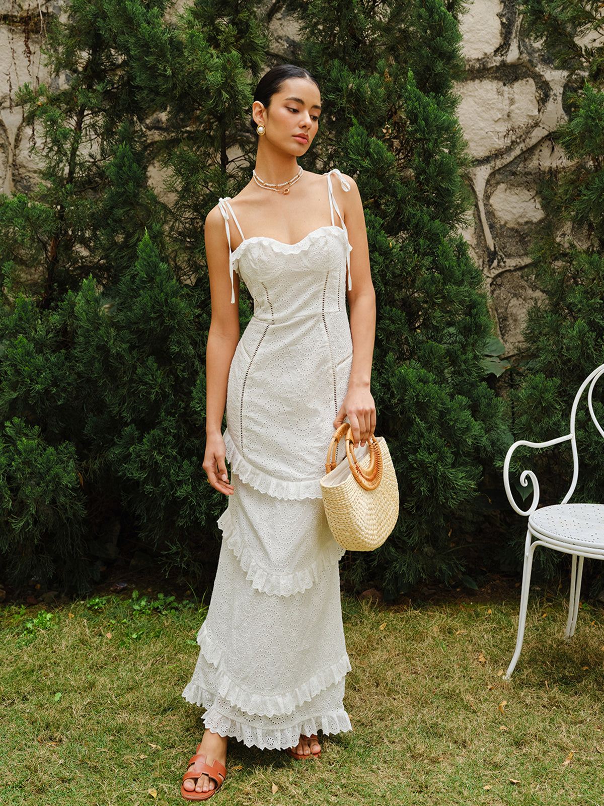 Lace-Up Tie Strap Ruffled Slit Dress