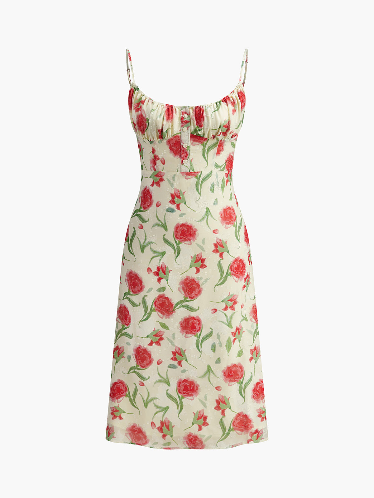 Geblümtes gerafftes Kleid mit Knopfdetails