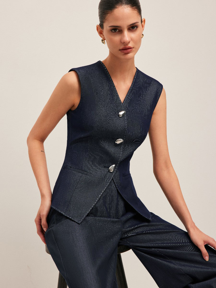 Contrast Stitched Buttoned Peplum Vest