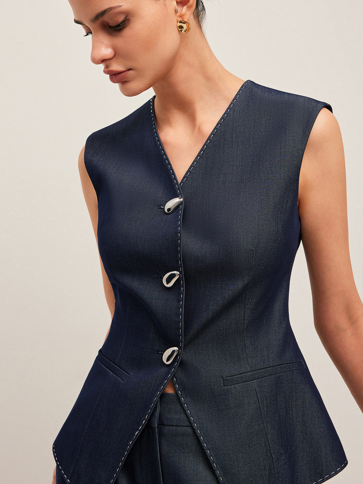Contrast Stitched Buttoned Peplum Vest