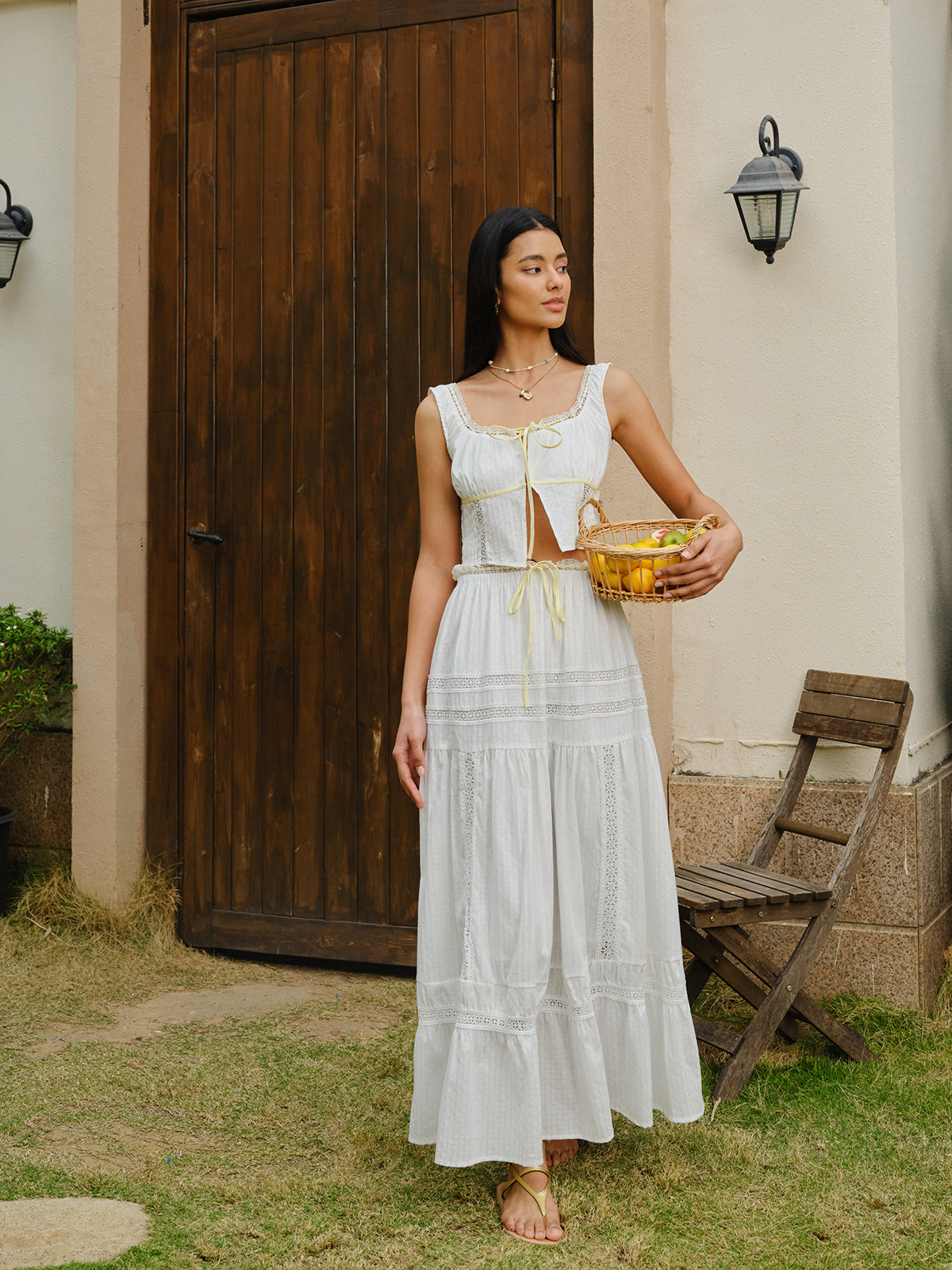 Lace Trim Tie-Front Crop Top With Skirt Set