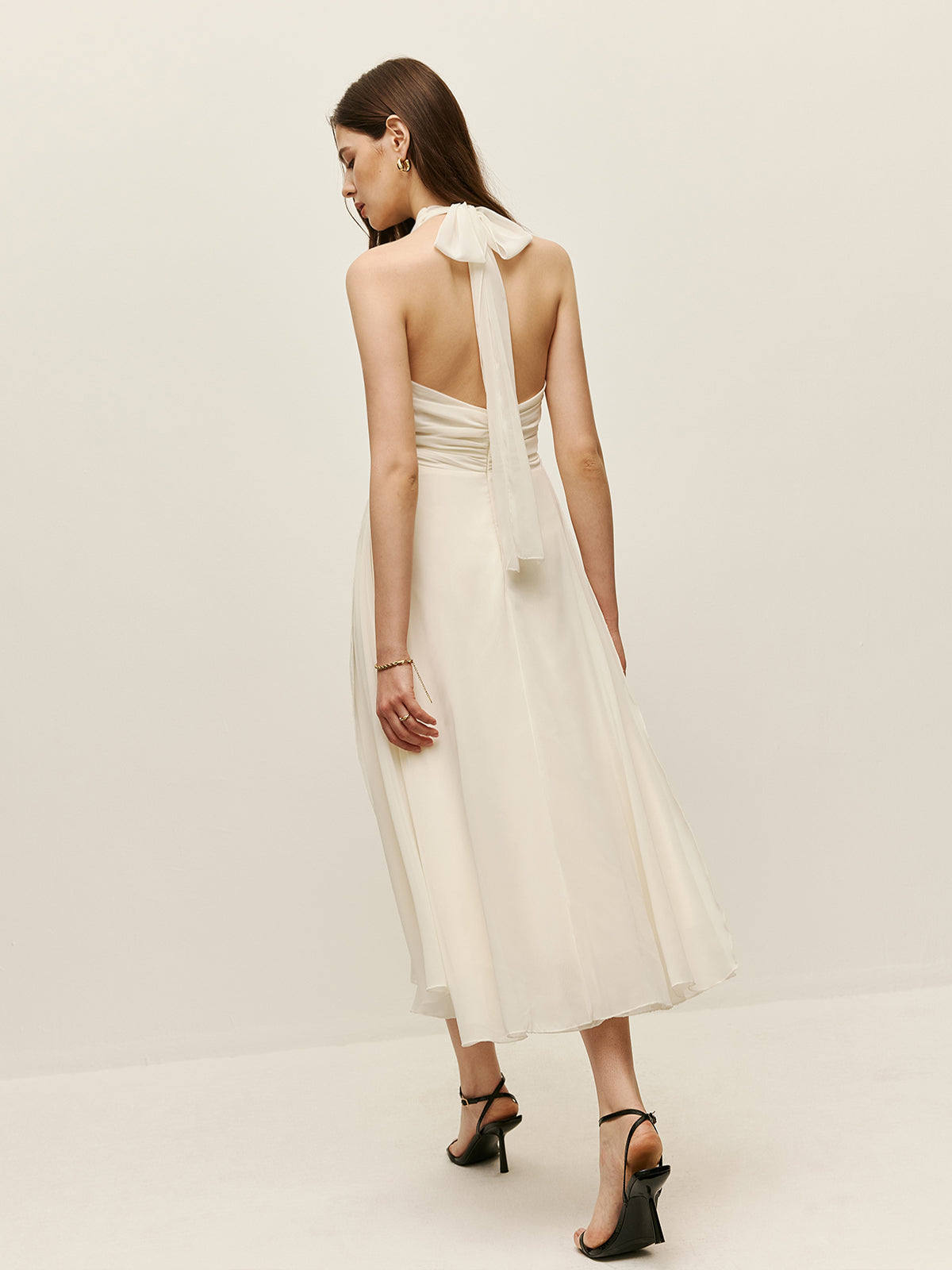 Robe longue licou à bretelles réglables et col en V zippé