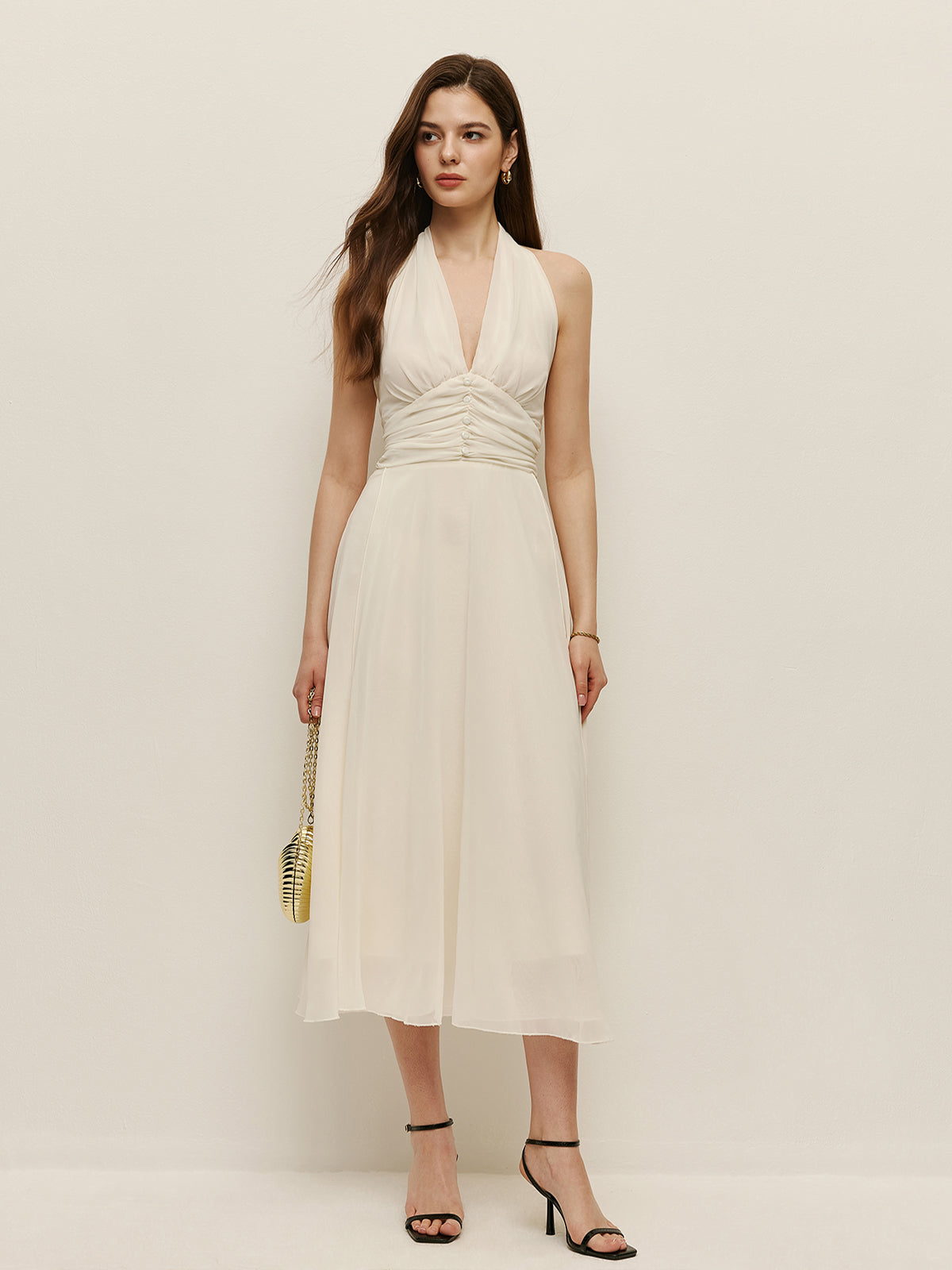 Robe longue licou à bretelles réglables et col en V zippé