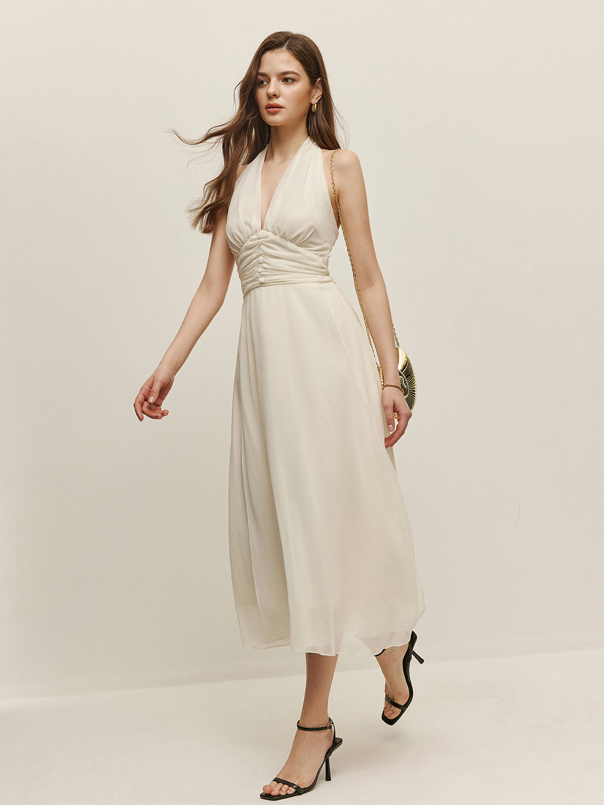 Robe longue licou à bretelles réglables et col en V zippé