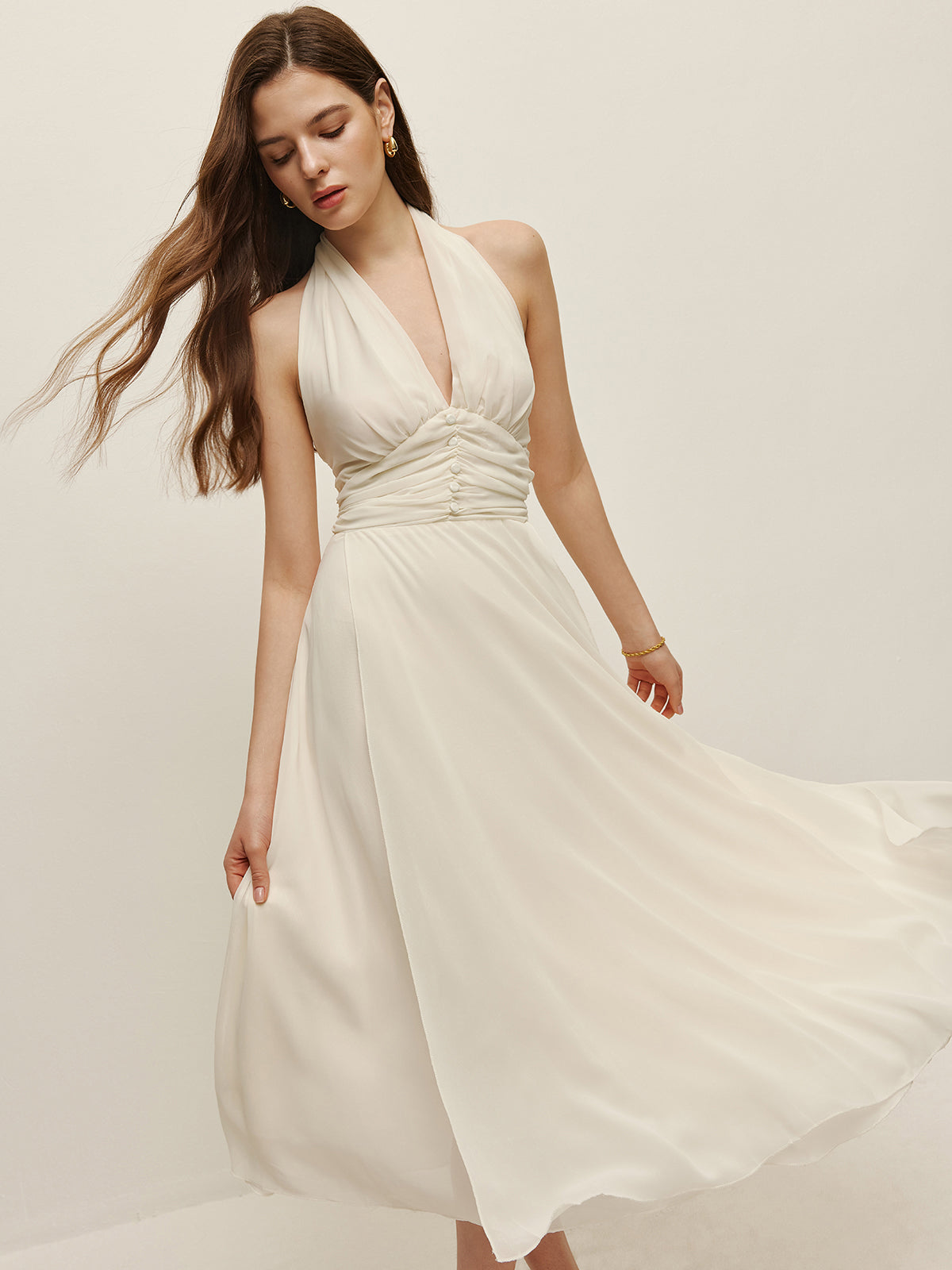 Robe longue licou à bretelles réglables et col en V zippé