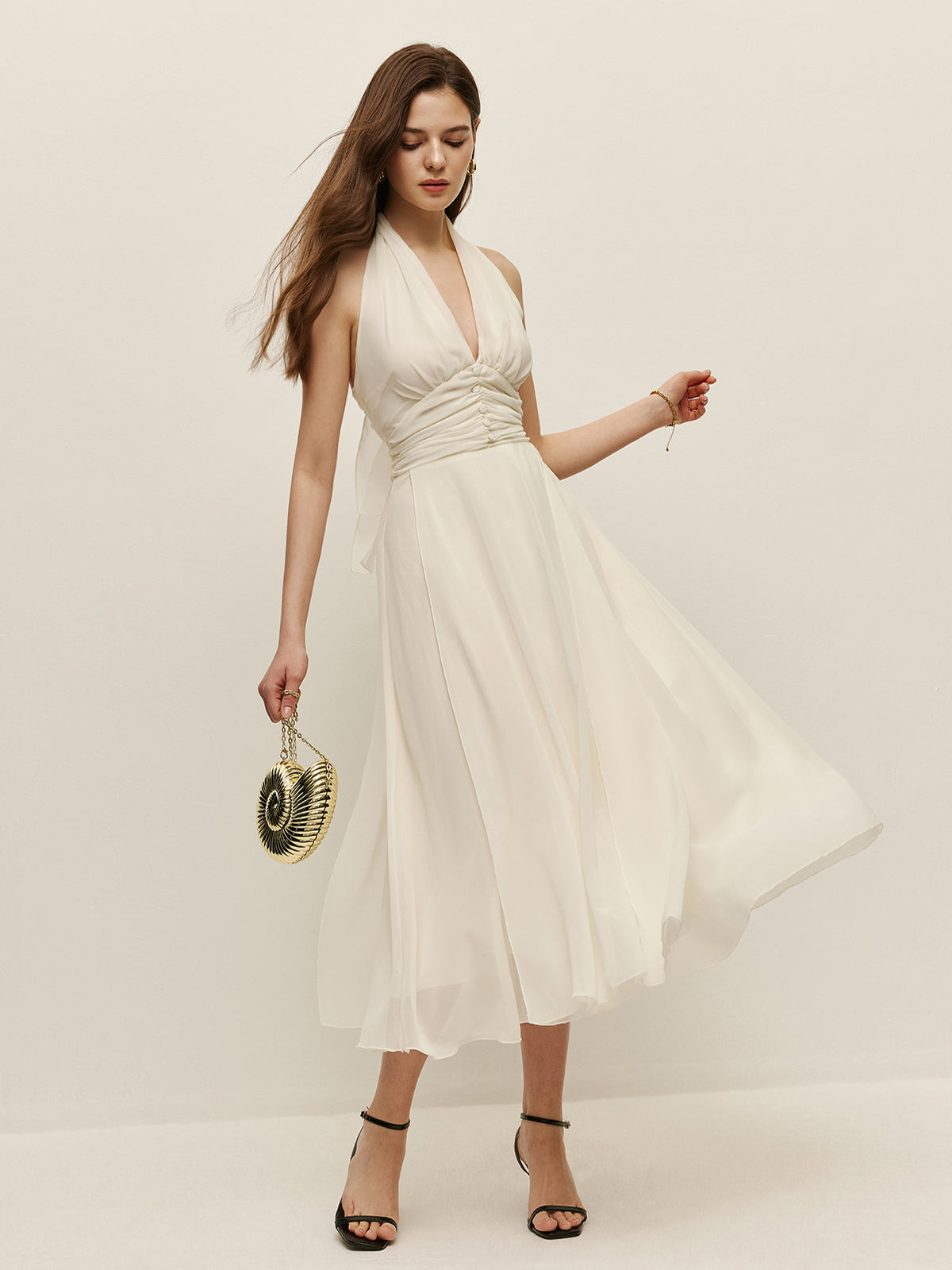 Robe longue licou à bretelles réglables et col en V zippé