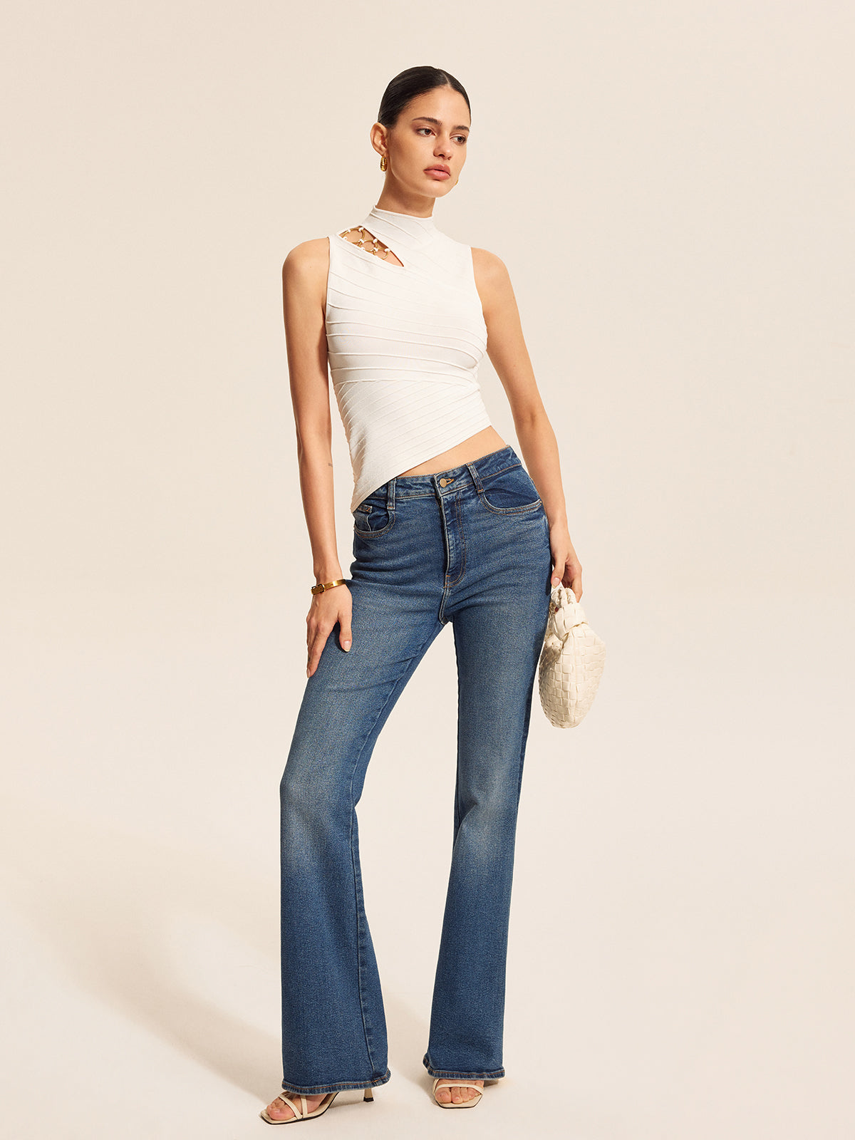 Asymmetrical Cut-Out Chain Detail Knit Top
