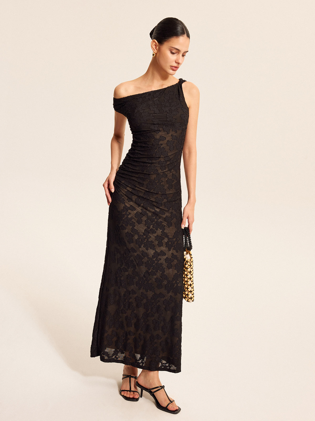 Semi-Sheer Lace One-Shoulder Maxi Dress